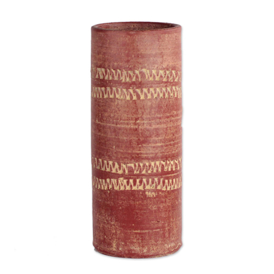 Ceramic vase, 'Straight Dede' (10 inch) - Cylindrical Ceramic Vase in Red from Ghana (10 inch)