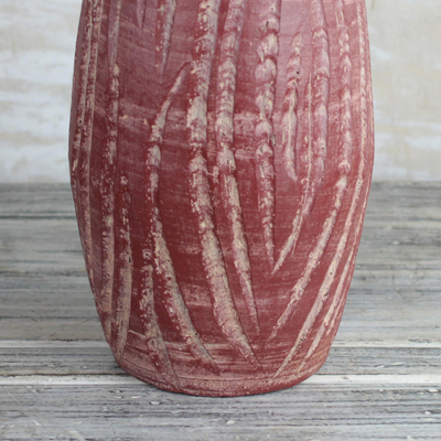 Ceramic vase, 'Water Waves in Red' (13 inch) - Wave Motif Ceramic Vase in Red from Ghana (13 inch)