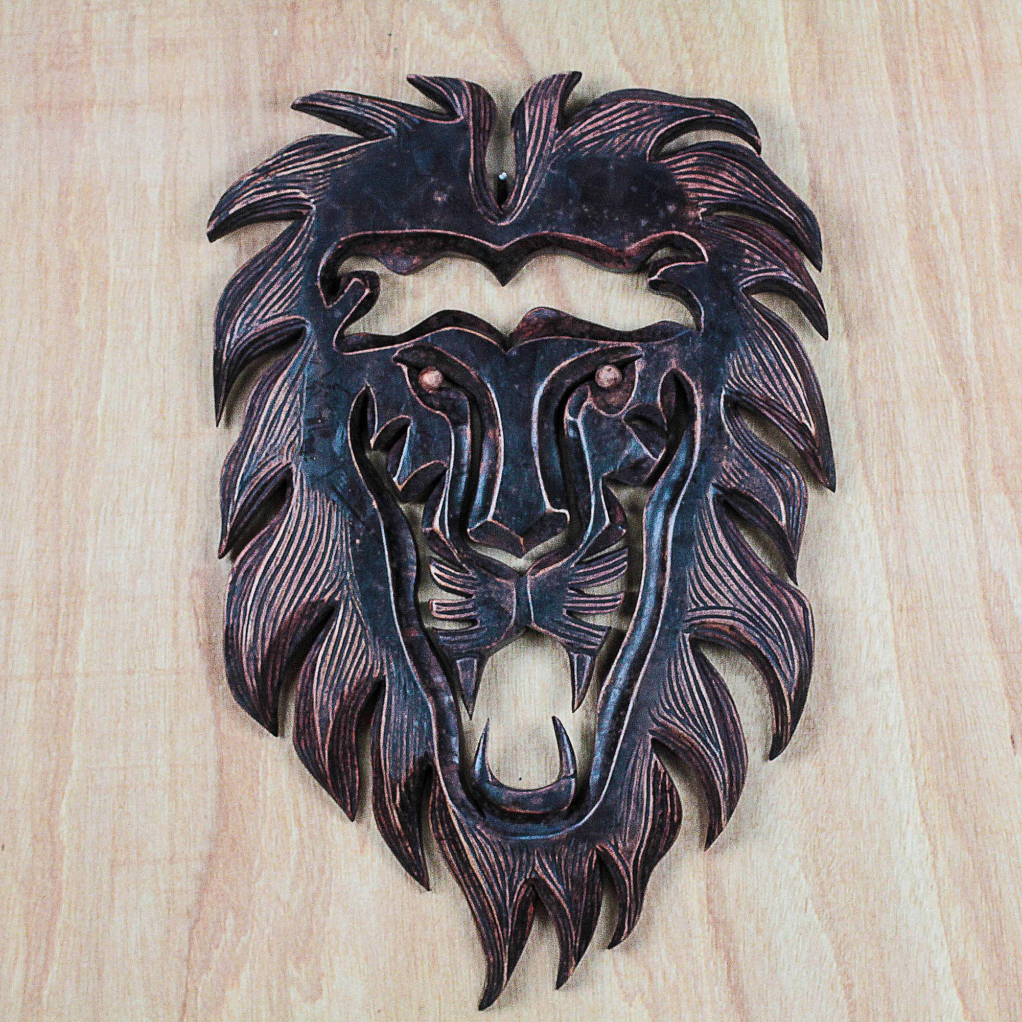 Hand-Carved African Wood Lion Wall Sculpture from Ghana - King