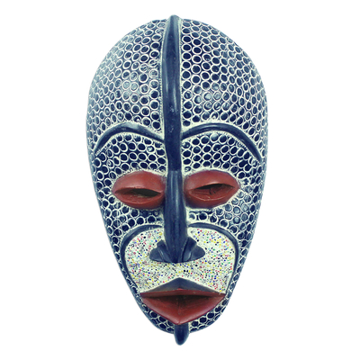 African wood mask, 'Spotted Beauty' - Recycled Glass Beaded African Wood Mask from Ghana