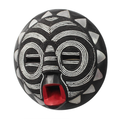 African wood mask, 'Red Lips' - Black and White Glass Beaded African Wood Mask from Ghana
