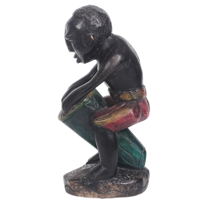 Wood sculpture, 'Drum Player' - Sese Wood Sculpture of a Drum Player from Ghana