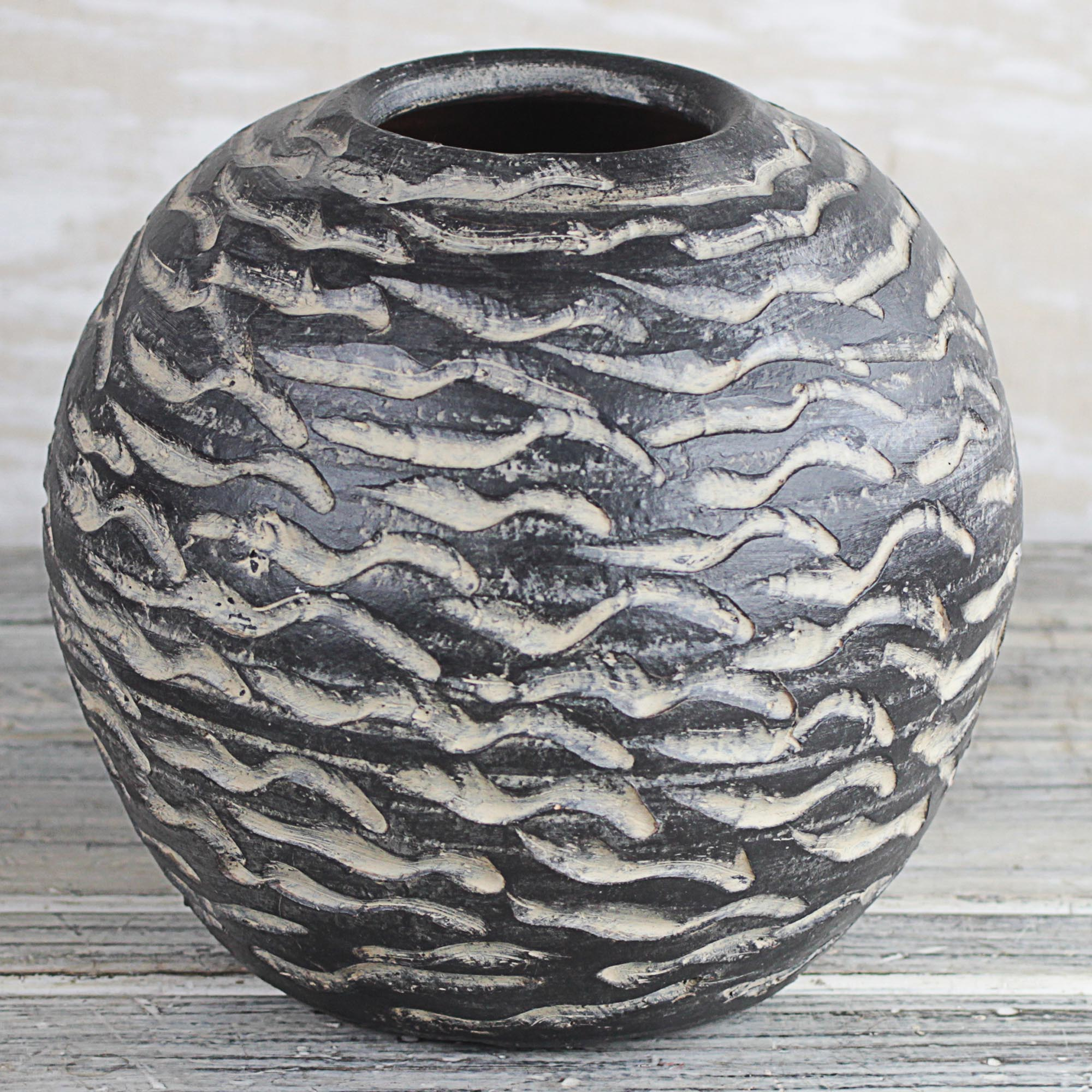 Round Ceramic Vase In Black From Ghana Water Waves Novica