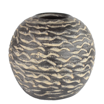 Ceramic vase, 'Water Waves' - Round Ceramic Vase in Black from Ghana