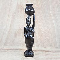 Ebony wood sculpture, 'Motherly Carrier' - Handcrafted Ebony Wood Pregnant Woman Sculpture from Ghana