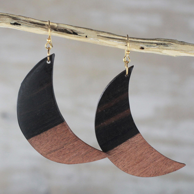 Ebony wood dangle earrings, 'Moon in Shadow' - Handcrafted Ebony Wood Crescent Moon Dangle Earrings