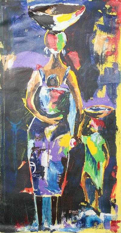 'Joy' - Pintura impresionista firmada de madre e hijo de Ghana