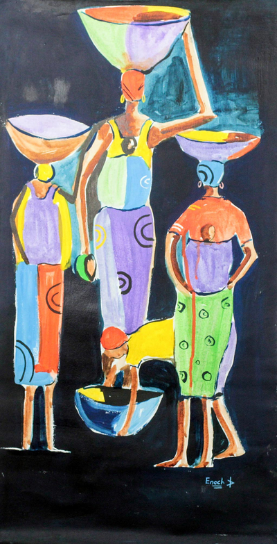 'Darkness' - Signed Expressionist Painting of Women from Ghana