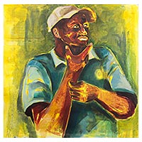 'Gaze to the East' - Signed Expressionist Painting of a Thinking Man from Ghana