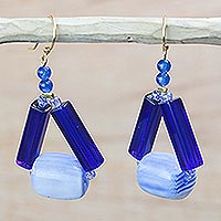Recycled plastic dangle earrings, 'Eco Triangles in Blue' - Blue Triangular Recycled Plastic Dangle Earrings from Ghana