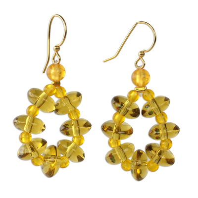 Recycled glass dangle earrings, 'Glowing Wreaths' - Gold-Tone Recycled Glass Dangle Earrings from Ghana
