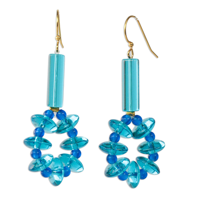 Recycled glass dangle earrings, 'Oceanic Wreaths' - Blue Recycled Glass Dangle Earrings from Ghana