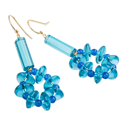 Recycled glass dangle earrings, 'Oceanic Wreaths' - Blue Recycled Glass Dangle Earrings from Ghana
