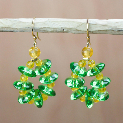 Recycled glass dangle earrings, 'Gleaming Wreaths' - Green and Yellow Recycled Glass Dangle Earrings from Ghana