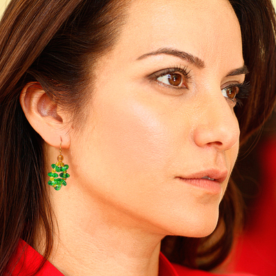 Recycled glass dangle earrings, 'Gleaming Wreaths' - Green and Yellow Recycled Glass Dangle Earrings from Ghana
