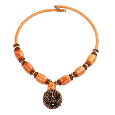 Recycled Plastic Beaded Pendant Necklace in Orange