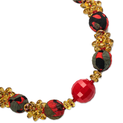 Recycled plastic beaded necklace, 'Lady in Red' - Recycled Plastic and Cotton Beaded Necklace in Red