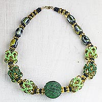 Recycled plastic beaded pendant necklace, 'Inner Potential' - Recycled Plastic Beaded Pendant Necklace in Green from Ghana