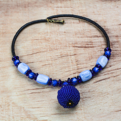 Recycled plastic beaded pendant necklace, 'Blue Bauble' - Recycled Plastic Beaded Pendant Necklace in Blue from Ghana