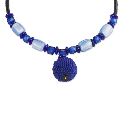 Recycled plastic beaded pendant necklace, 'Blue Bauble' - Recycled Plastic Beaded Pendant Necklace in Blue from Ghana