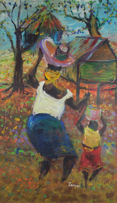 'Großmutter aufziehen - Signiertes impressionistisches Gemälde einer ghanaischen Großmutter