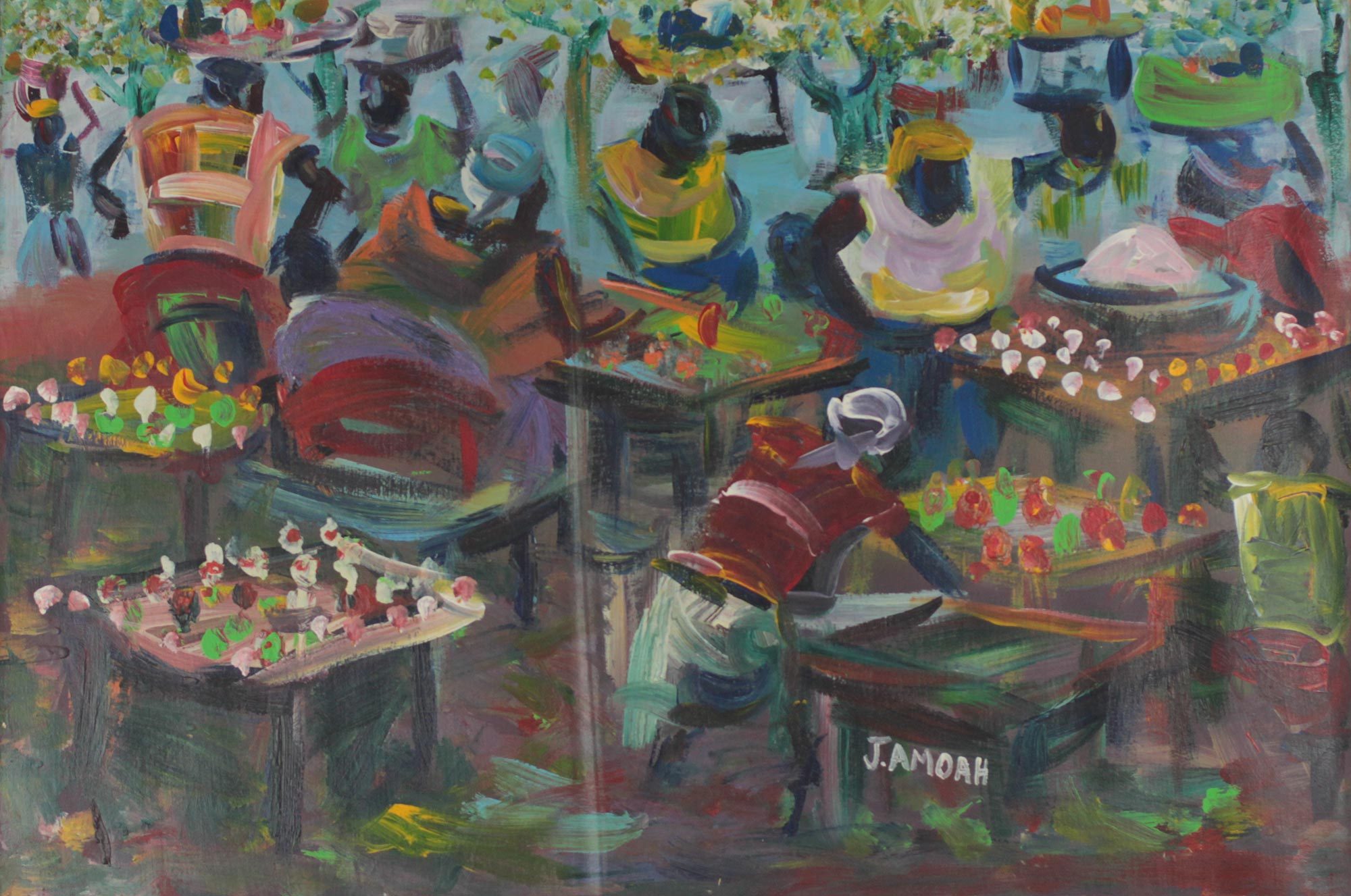 Signed Impressionist Market Scene Painting from Ghana - Village