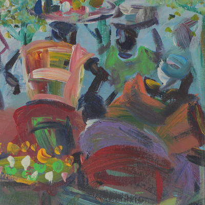'Village Market' - Signed Impressionist Market Scene Painting from Ghana