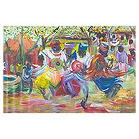 'Tamborileros del norte de Ghana' - Acrílico original sobre lienzo de músicos africanos