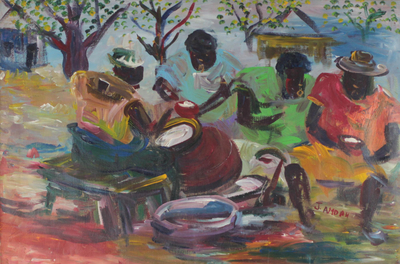 'Palm Wine Drinkers' - Signed Impressionist Painting of a Community Meeting