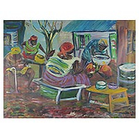 'Aburi Chop Bar' - Pintura impresionista firmada de cocineros de Ghana