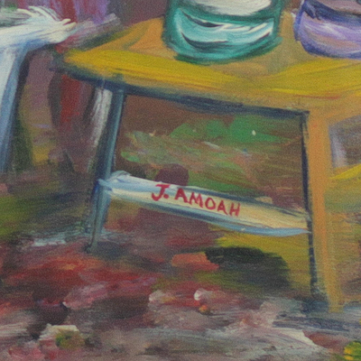 'Aburi Chop Bar' - Signed Impressionist Painting of Cooks from Ghana