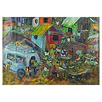 'Aburi Market' - Pintura de escena de mercado impresionista firmada de Ghana