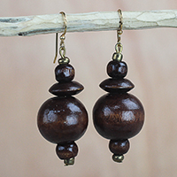 Wood dangle earrings, 'Casually Elegant' - Brown Wood Disc and Round Bead Dangle Earrings from Ghana