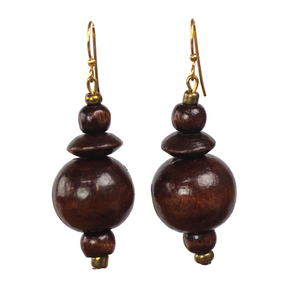 Wood dangle earrings, 'Casually Elegant' - Brown Wood Disc and Round Bead Dangle Earrings from Ghana