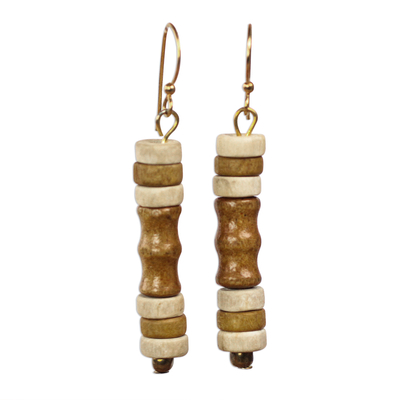 Wood beaded dangle earrings, 'Gazelle' - Beige and Cream Wood Cylindrical Bead Dangle Earrings