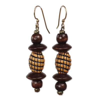 Wood and recycled plastic dangle earrings, 'Eco Joy' - Wood and Recycled Plastic Beaded Dangle Earrings from Ghana