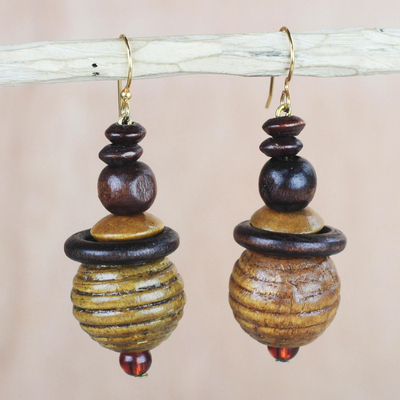 Wood and recycled plastic dangle earrings, Patient Soul
