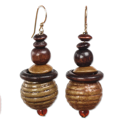 Wood and recycled plastic dangle earrings, 'Patient Soul' - Sese Wood and Recycled Plastic Beaded Dangle Earrings