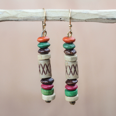 Wood and recycled plastic dangle earrings, Eco Beauty