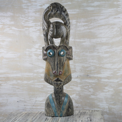 African wood mask, 'Jungle Duo' - Hand-Carved African Mask Sese Wood Elephant Sculpture