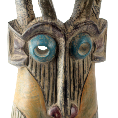 African wood mask, 'Jungle Duo' - Hand-Carved African Mask Sese Wood Elephant Sculpture
