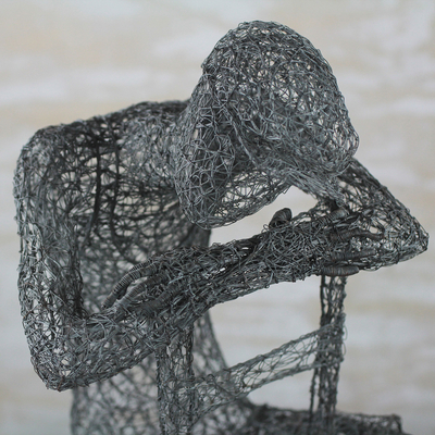 Steel sculpture, 'Tomorrow Never Comes' - Steel Wire Sculpture of a Man Sitting from Ghana