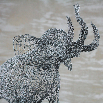 Steel sculpture, 'Curious Elephant' - Steel Wire Elephant Sculpture Crafted in Ghana