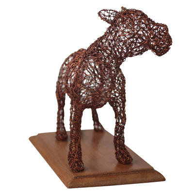 Copper sculpture, 'Watchful Jaguar' - Copper Wire Jaguar Sculpture Crafted in Ghana