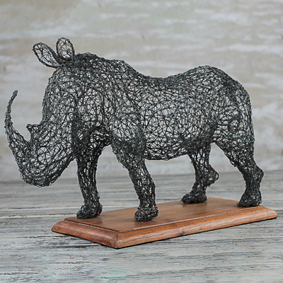 Steel sculpture, 'Modern Rhino' - Handmade Steel Wire Rhino Sculpture from Ghana