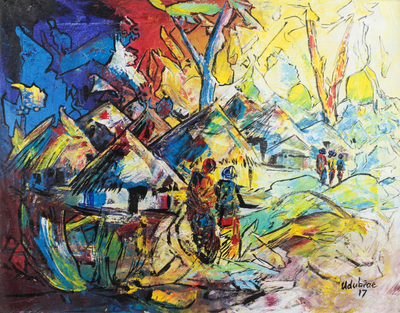 'See Them Going' - Signed Expressionist Painting of a Village from Ghana