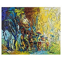 'Across the Woods I' - Signed Painting of People in the Woods from Ghana