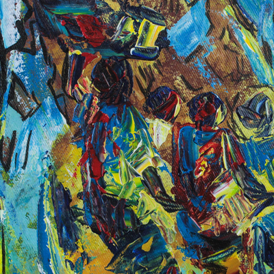 'Across the Woods I' - Signed Painting of People in the Woods from Ghana