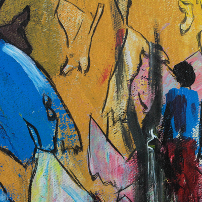 „Die letzte Reise“. - Signierte bunte abstrakte Malerei aus Ghana