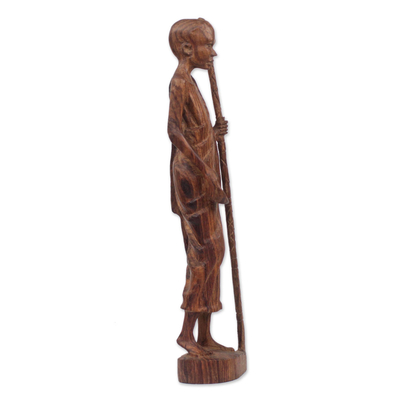 Wood statuette, 'Linguist' - Signed Mahogany Wood Statuette of a Man from Ghana